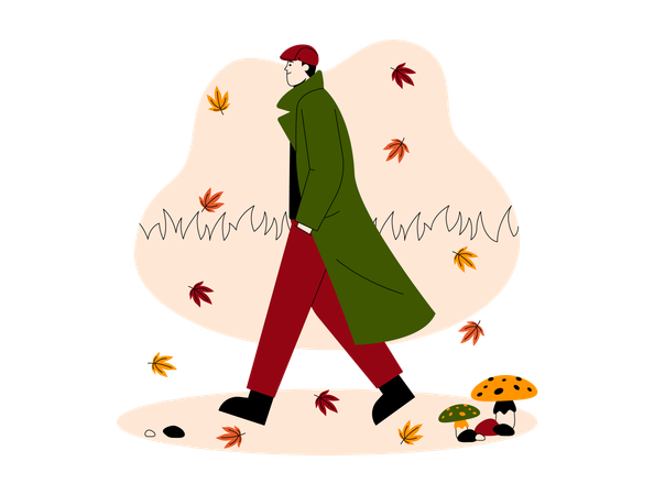 Hombre caminando en el parque de otoño  Ilustración