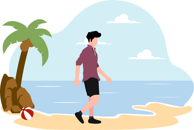 Hombre caminando en la playa  Ilustración