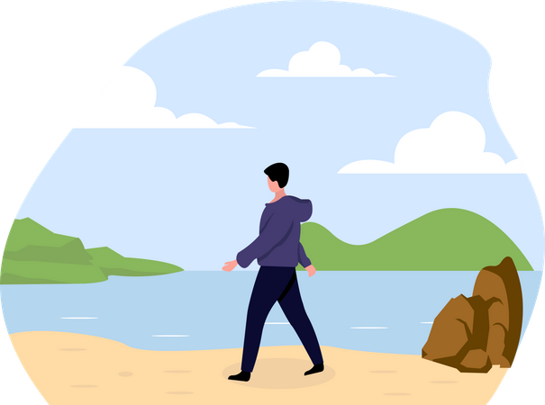 Hombre caminando en la playa  Ilustración