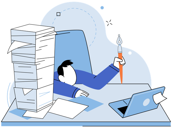 Hombre cansado de tanto papeleo  Ilustración