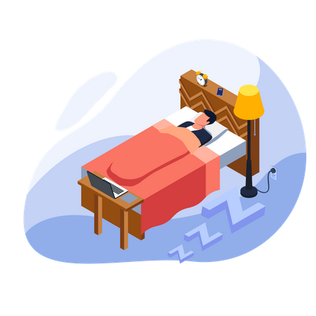 Hombre cansado durmiendo en la cama  Ilustración