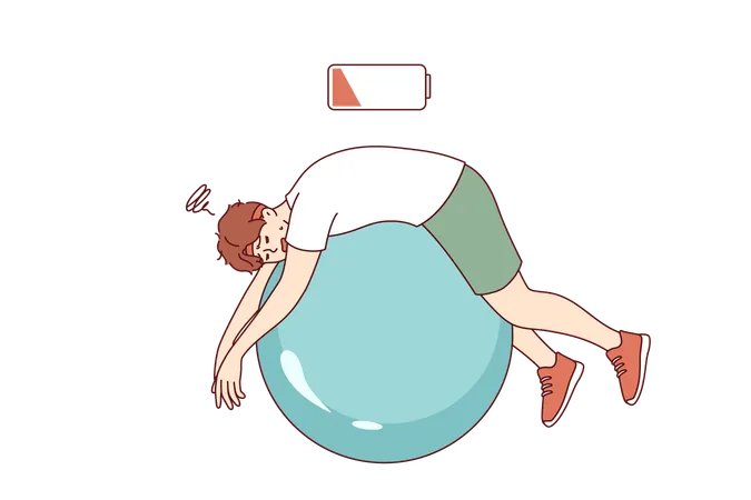 Hombre cansado yace sobre una pelota de fitness con la batería agotada  Ilustración