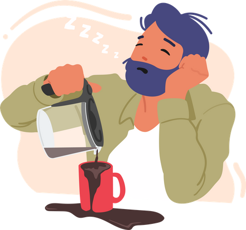 Hombre cansado y soñoliento vertiendo café en una taza  Ilustración