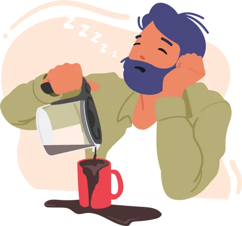 Hombre cansado y soñoliento vertiendo café en una taza  Ilustración