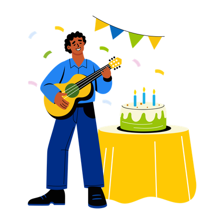 Hombre cantando una canción de cumpleaños y tocando la guitarra  Ilustración