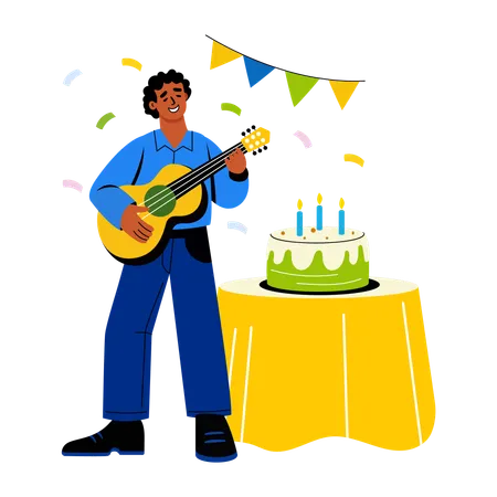 Hombre cantando una canción de cumpleaños y tocando la guitarra  Ilustración