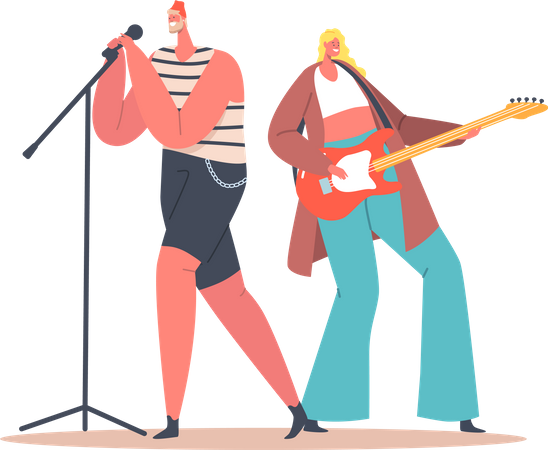 Hombre cantando y mujer tocando la guitarra en un festival  Ilustración