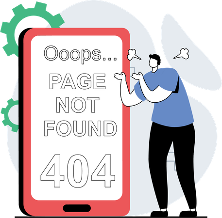 Un hombre se enfrenta a una página web con un error 404  Ilustración