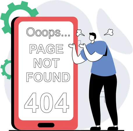 Un hombre se enfrenta a una página web con un error 404  Ilustración