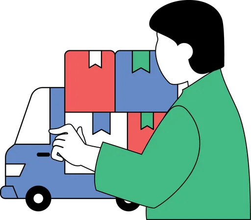 Un hombre carga su paquete en un camión de reparto  Ilustración