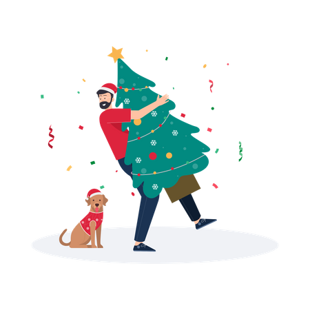 Hombre llevando arbol de navidad  Ilustración