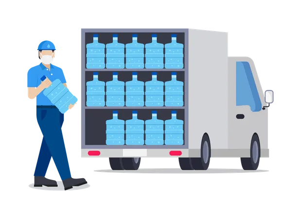 Hombre cargando botellas de agua en un camión  Ilustración