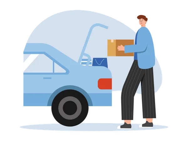 Hombre llevando una caja en el baúl del auto  Ilustración