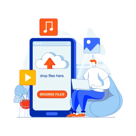 Hombre cargando datos a la plataforma de almacenamiento en la nube  Ilustración