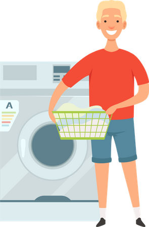 Hombre cargando lavadora para limpiar ropa  Ilustración