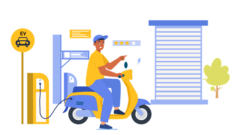 Hombre cargando scooter eléctrico en la estación de carga  Ilustración