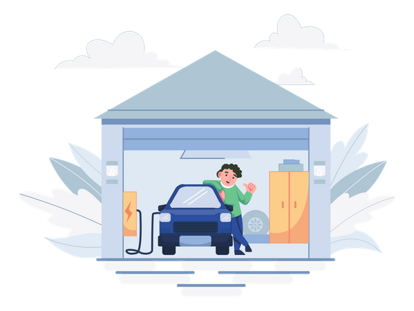 Hombre cargando un coche ev en casa  Ilustración