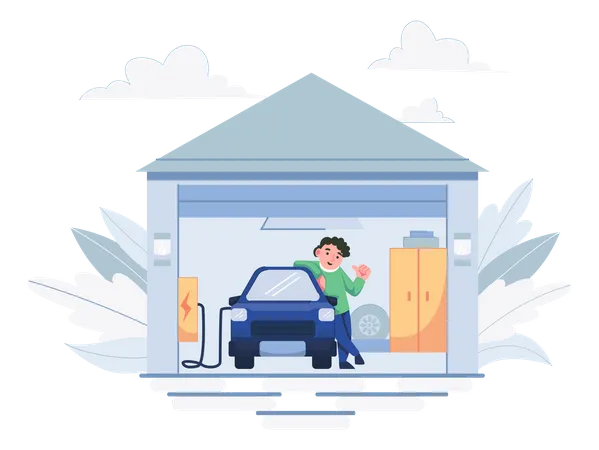 Hombre cargando un coche ev en casa  Ilustración