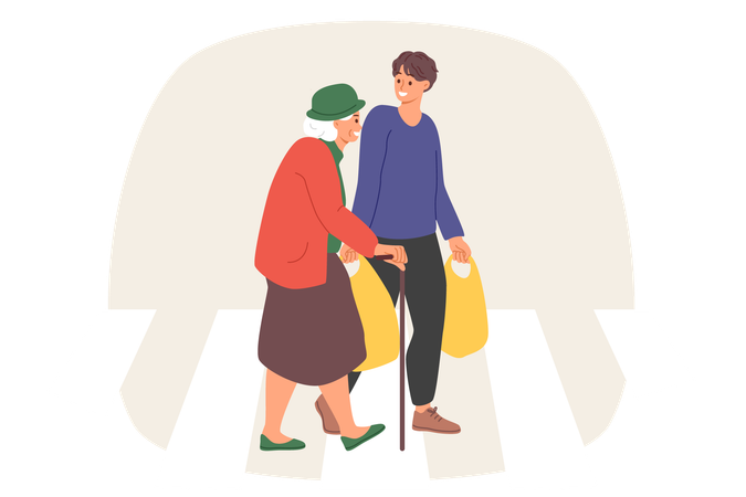 Un hombre cariñoso ayuda a una anciana a llevar bolsas pesadas a casa y habla con su abuela con una sonrisa  Ilustración