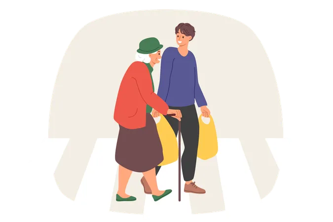 Un hombre cariñoso ayuda a una anciana a llevar bolsas pesadas a casa y habla con su abuela con una sonrisa  Ilustración