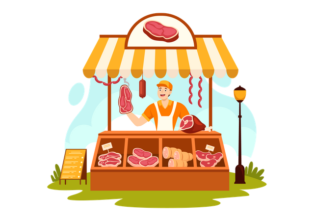 Carnicero macho vendiendo carne  Ilustración