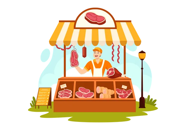 Tienda De Carne O Mercado Ilustracion Vectorial Con Varios Productos De Carne Fresca Y Salchichas De Pollo De Cerdo De Res En Diseno De Fondo De Dibujos Animados Planos Ilustración