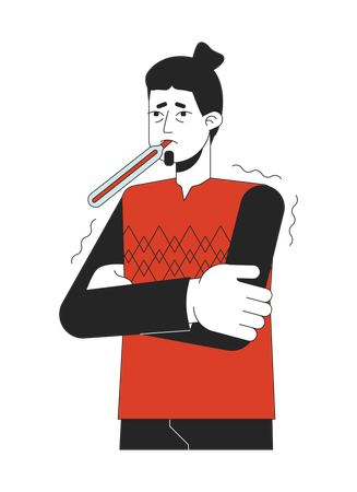 Hombre caucásico con fiebre gripal con termómetro  Ilustración