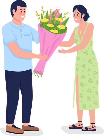 Hombre caucásico dando flores a una mujer feliz  Ilustración