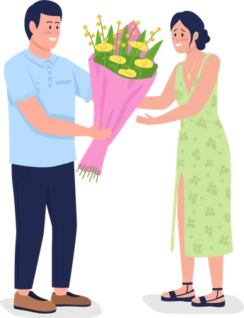 Hombre caucásico dando flores a una mujer feliz  Ilustración