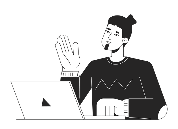 Hombre caucásico hablando con una computadora portátil  Ilustración