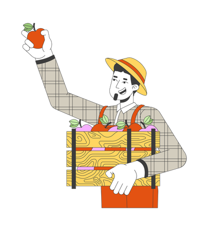 Hombre caucásico sonriente recogiendo manzanas  Ilustración