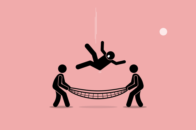Hombre cayendo y salvado por personas usando una red de seguridad en el fondo del suelo  Ilustración