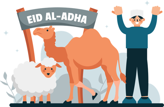 Un hombre celebra el Eid con ovejas y camellos  Ilustración