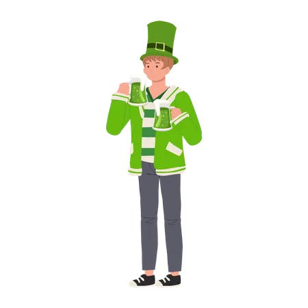 El hombre celebra el día de San Patricio con cerveza verde  Ilustración