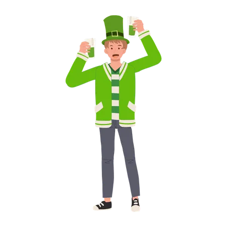 Hombre celebrando con cerveza verde  Ilustración