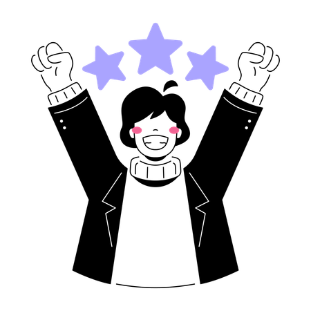 Hombre celebrando su éxito con una calificación de tres estrellas  Ilustración