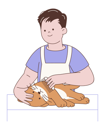 Hombre cepillando el pelo del gato  Ilustración