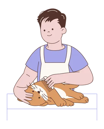 Hombre cepillando el pelo del gato  Ilustración