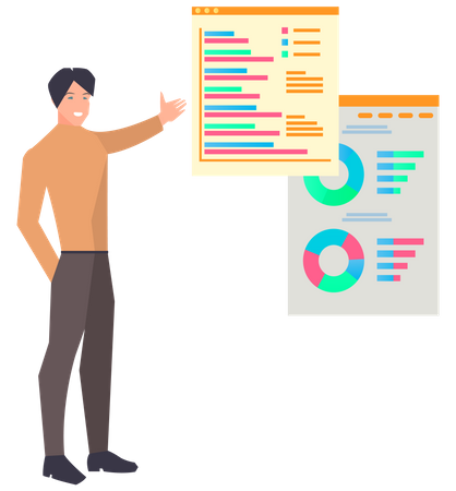 Hombre cerca del tablero de presentación con datos  Ilustración