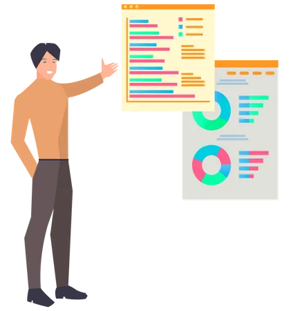 Hombre cerca del tablero de presentación con datos  Ilustración