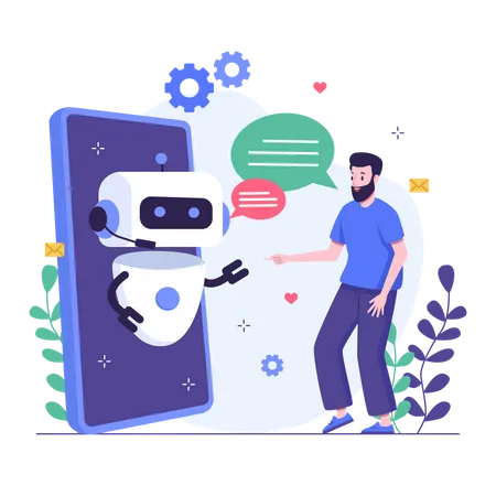 Hombre charlando con un chatbot móvil  Ilustración