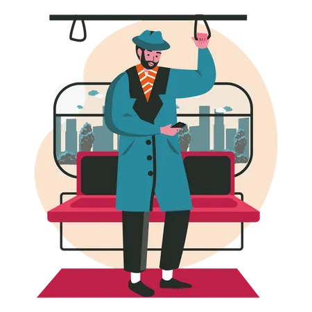 Hombre charlando por teléfono mientras viaja en tren  Ilustración