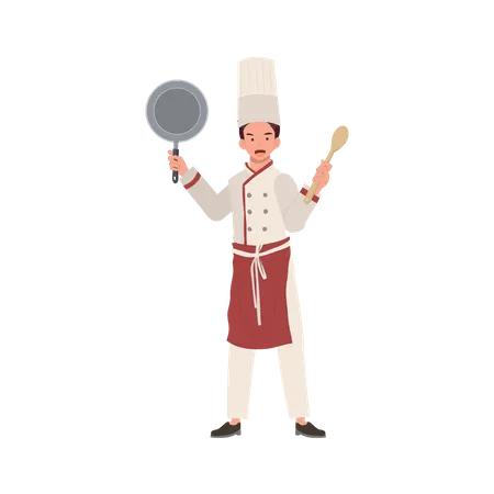 Che masculino con gorro de chef sosteniendo sartén y volteador  Ilustración