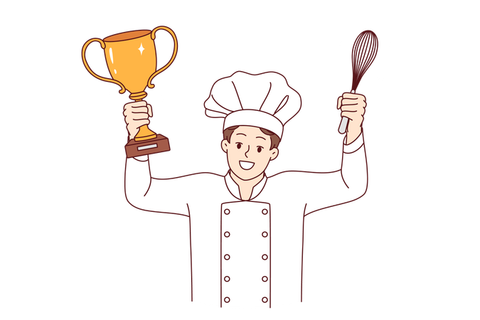 El chef cocinero celebra la victoria en un torneo culinario profesional con una copa de oro y un batidor  Ilustración