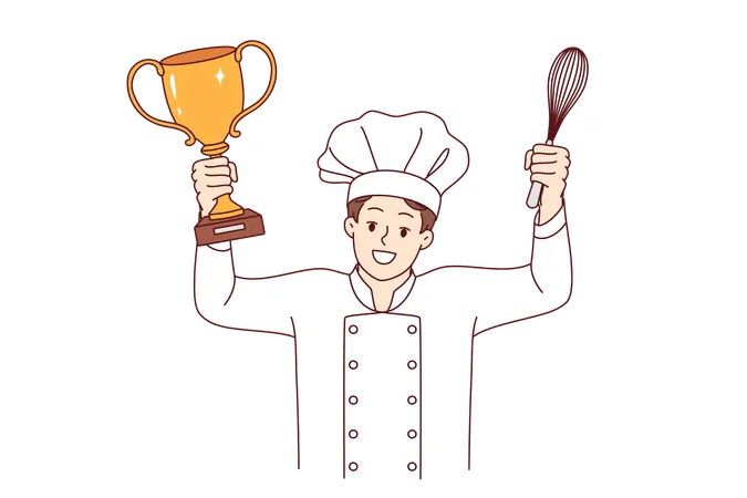 El chef cocinero celebra la victoria en un torneo culinario profesional con una copa de oro y un batidor  Ilustración