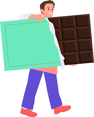 Hombre chef sosteniendo barra de chocolate  Ilustración