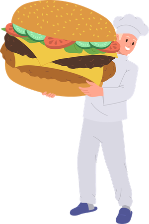 Chef hombre sosteniendo hamburguesa  Ilustración