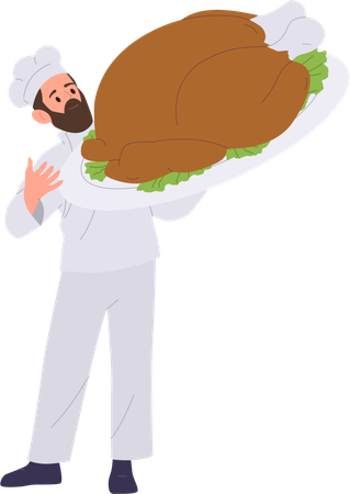 Chef hombre sosteniendo pavo asado  Ilustración