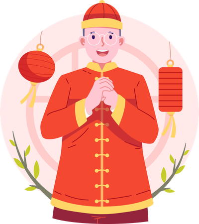 Hombre chino dando saludo de año nuevo chino  Ilustración