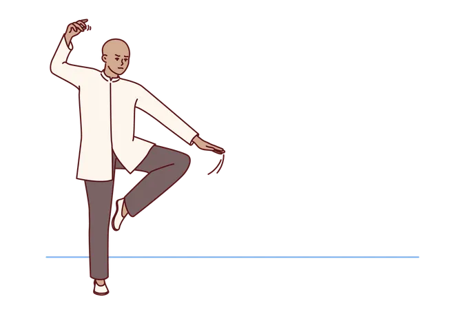 Un Hombre Chino Que Practica Qi Qong Taijiquan Hace Ejercicios De Respiracion Durante El Entrenamiento De Artes Marciales Especialista En Gimnasia Marcial Tradicional China Demuestra Movimientos Suaves Para El Calentamiento Ilustración